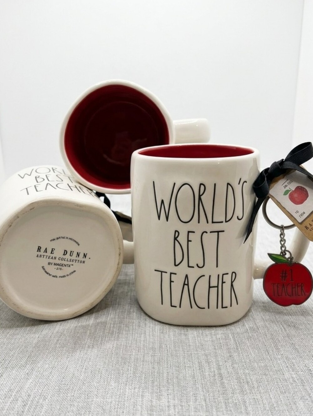 Rae Dunn World's Best Teacher Mug & Apple Keychain Gift Set NWT - Picture 2 of 2